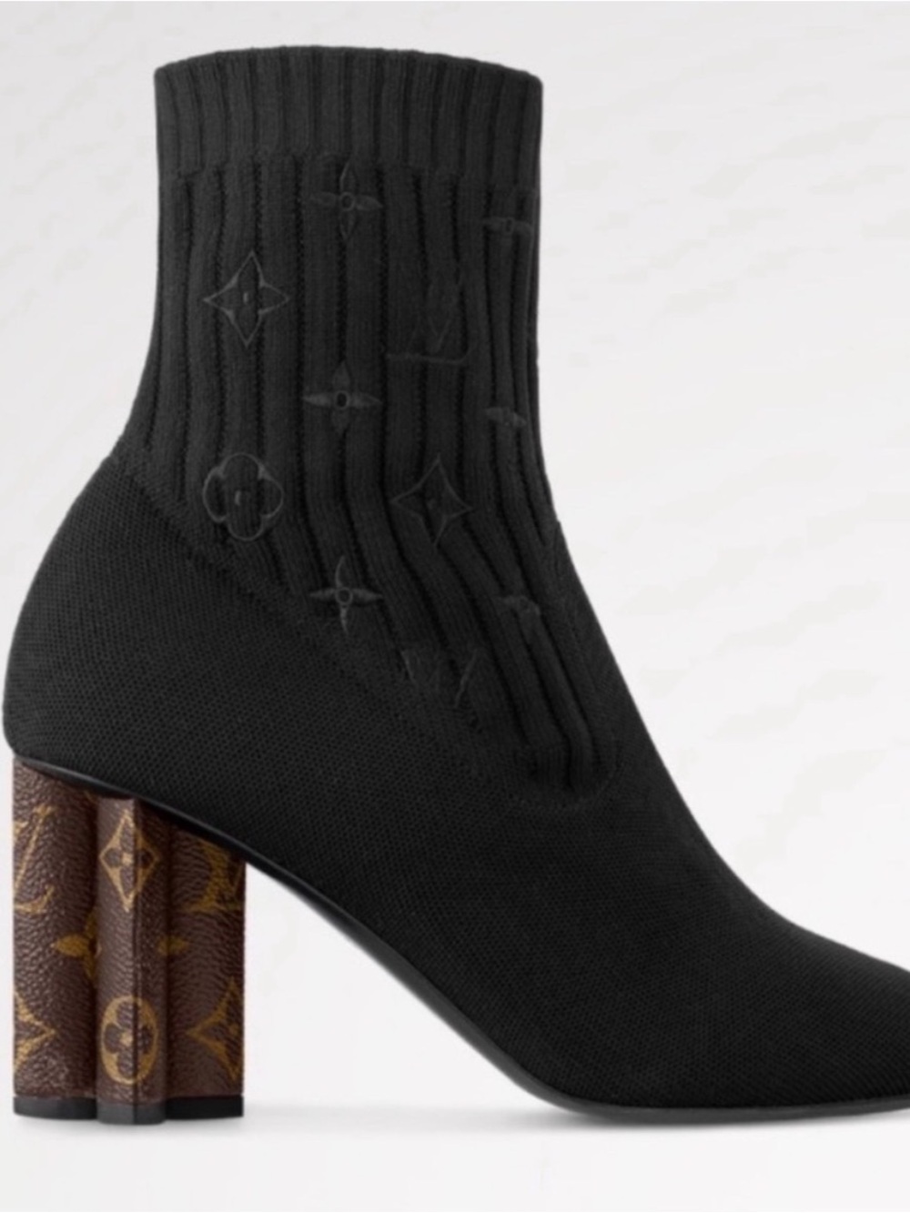 Louis Vuitton Black Knit Sock Ankle Boots with Monogram Block Heel